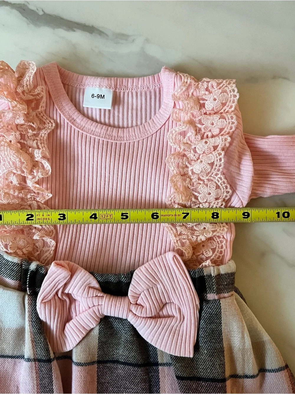 Baby Girl Pink Plaid Lace Ruffle Skirted Romper With Headband 6-9M